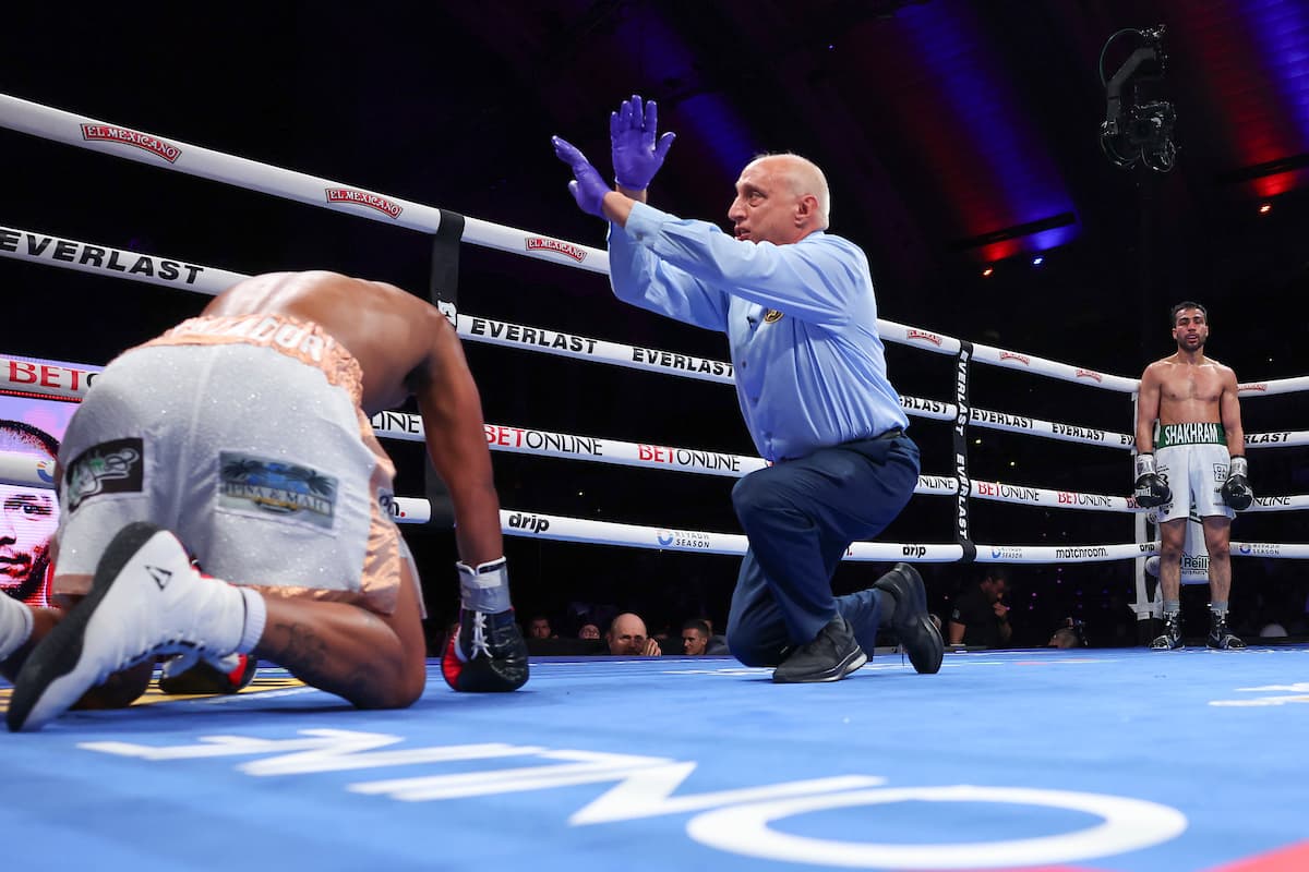 Shakhram Giyasov knocks down Franco Maximiliano Ocampo during their bout