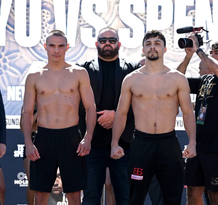 Tim Tszyu and Joey Spencer at the weigh-in ahead of their boxing bout
