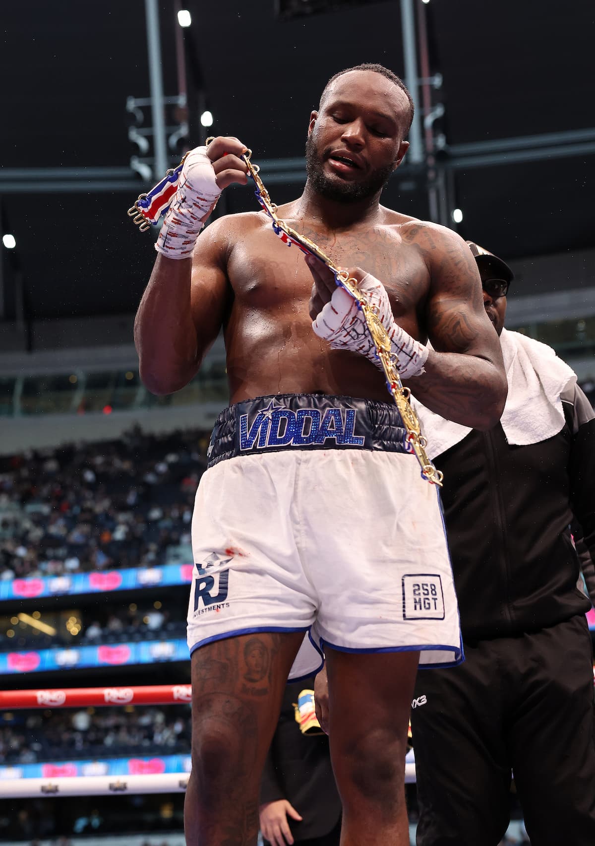 Viddal Riley with his championship belt following his victory over Cheavon Clarke