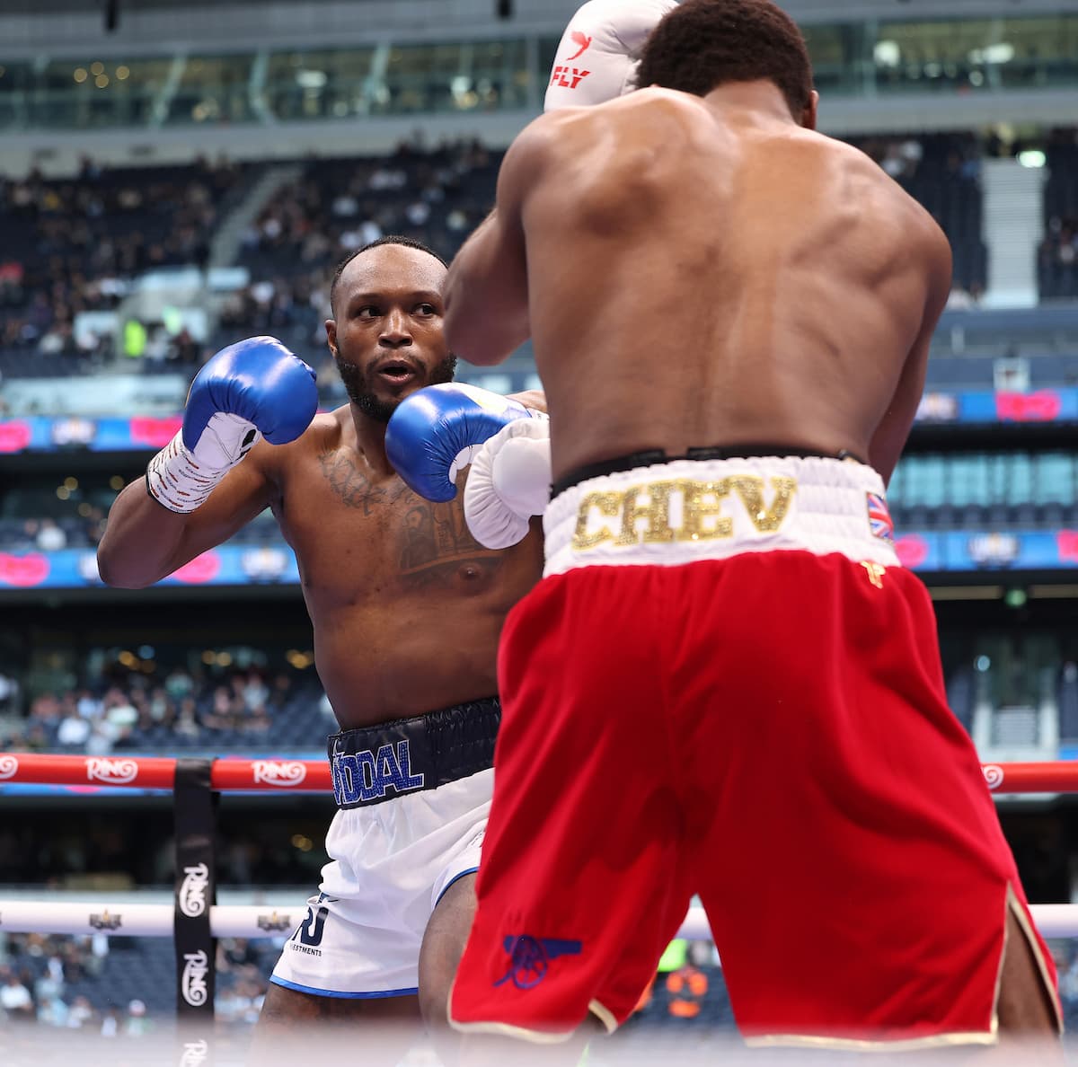 Viddal Riley and Cheavon Clarke during their boxing bout