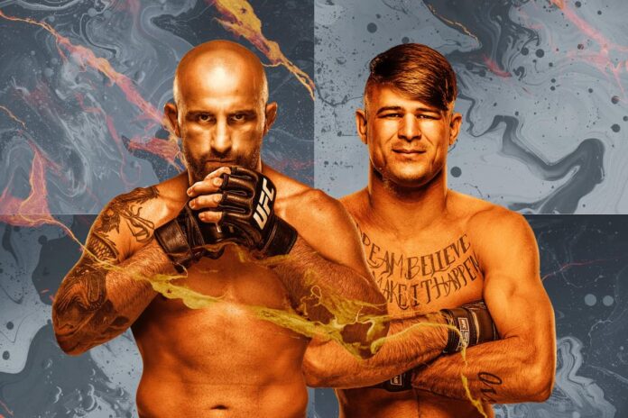 Image featuring the faces of Alexander Volkanovski and Diego Lopes, promoting their MMA bout at UFC 314 in Miami