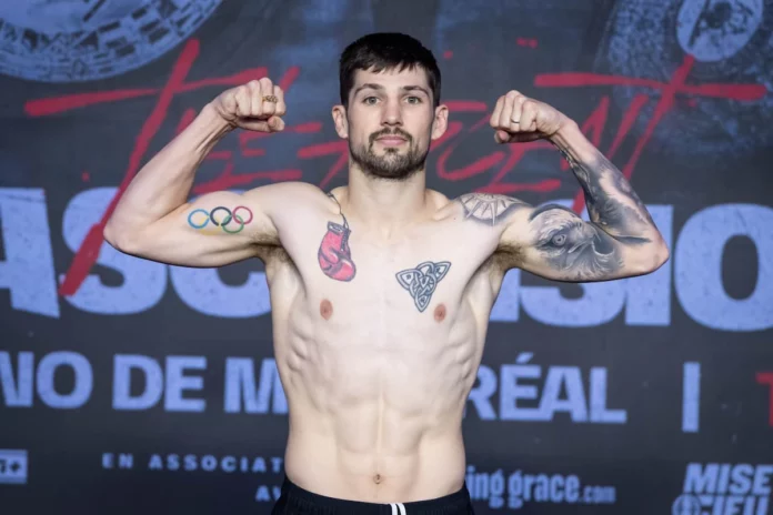 Wyatt Sanford posses at the weigh-in ahead of his boxing bout in Montreal, Canada