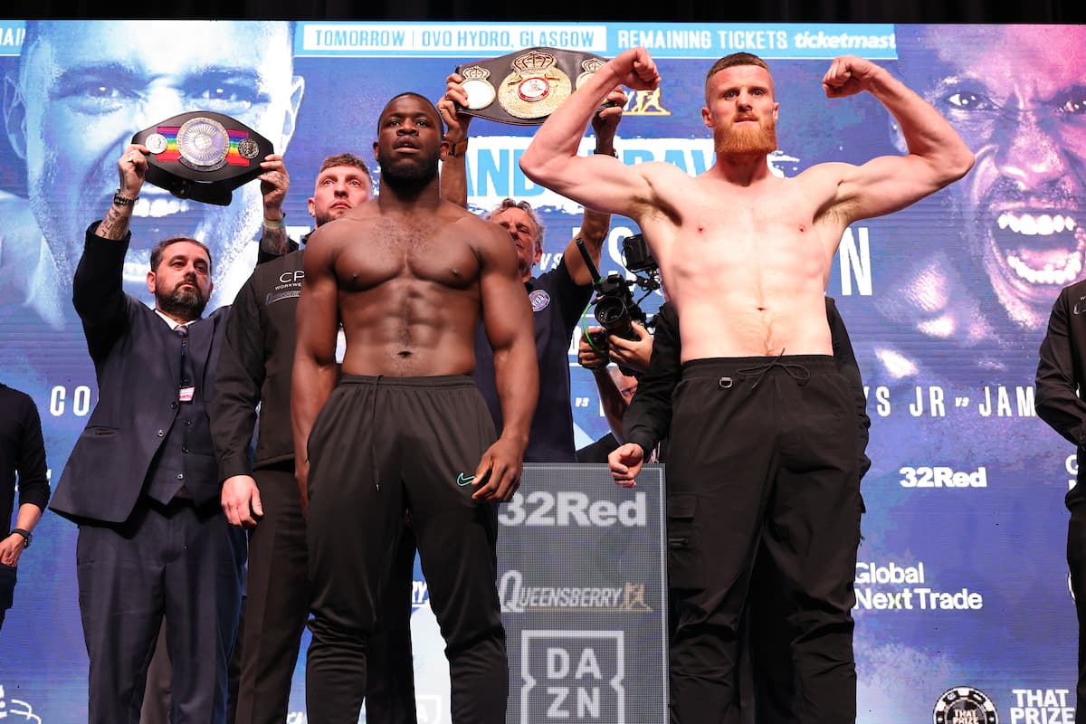 Aloys Youmbi and David Jamieson at the weigh-in ahead of their boxing bout in Glasgow, Scotland