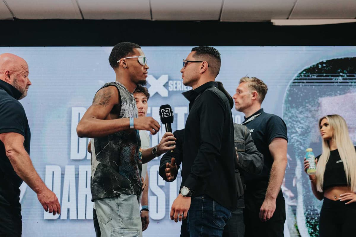 Amir Anderson and Ernesto Olvera come face-to-face during the Misfits Boxing 21 press conference in Derby, England