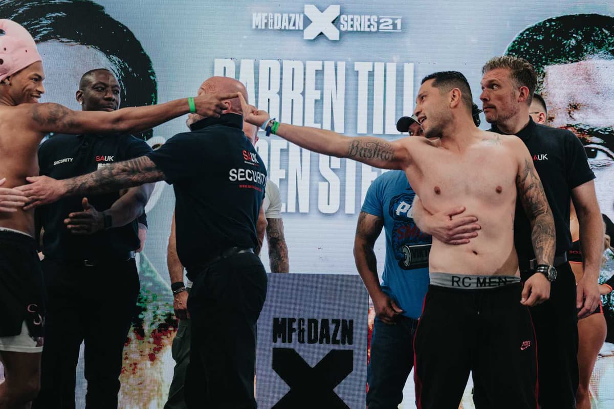 Amir Anderson and Ernesto Olvera during the Misfits Boxing 21 weigh-in in Derby, England