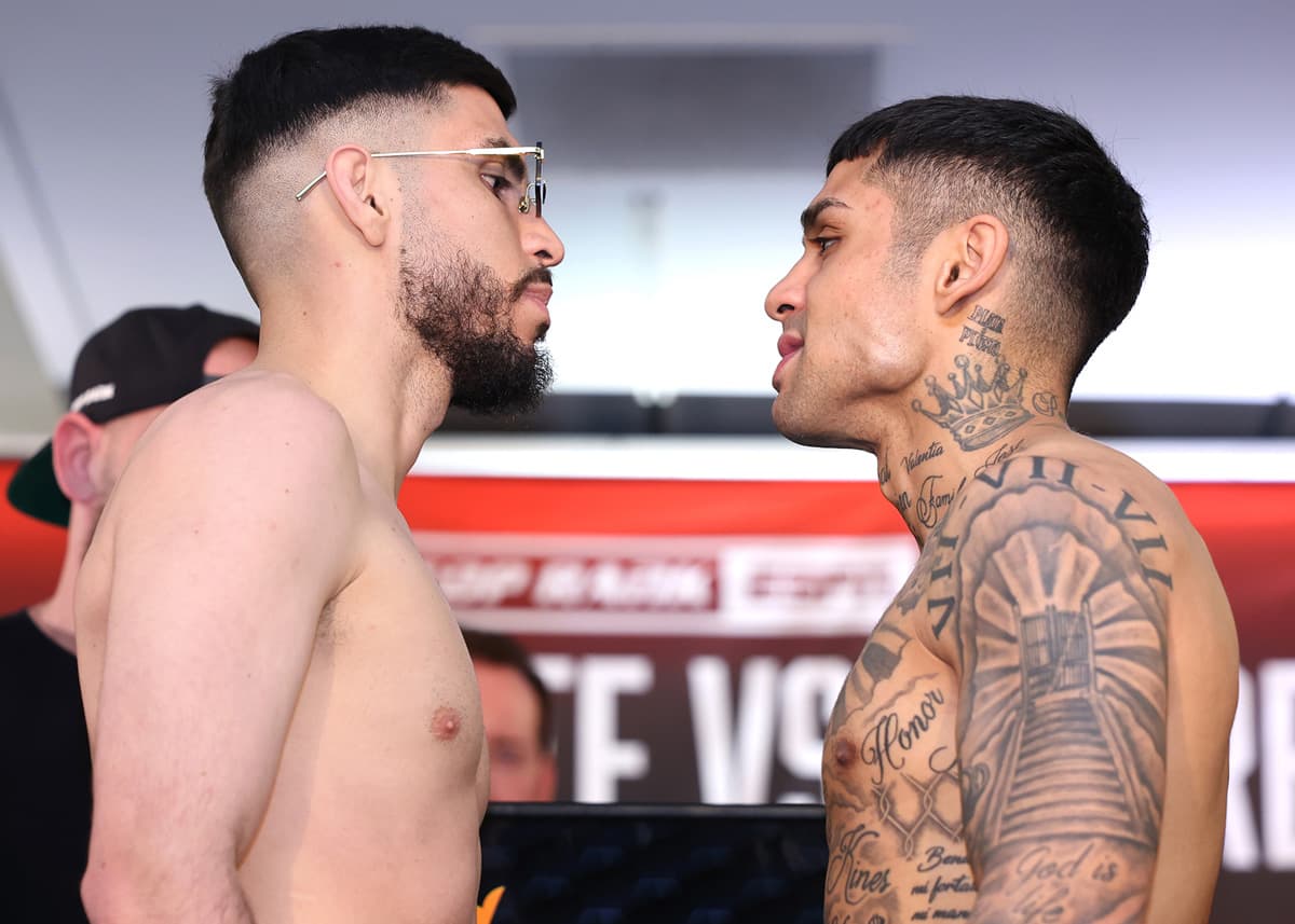 Andres Cortes and Salvador Jimenez come face-to-face at the weigh-in ahead of their bout