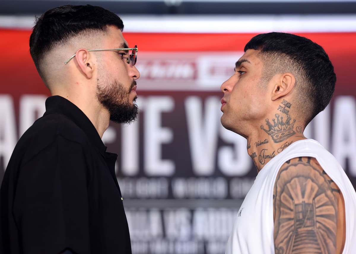 Andres Cortes and Salvador Jimenez come face-to-face at the press conference ahead of their bout at Pechanga Arena San Diego