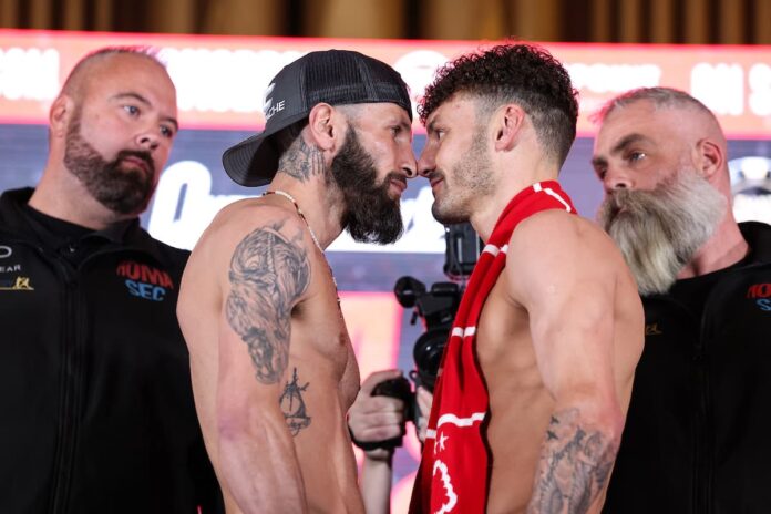 Anthony Cacace and Leigh Wood come face-to-face at the weigh-in ahead of their bout in Nottingham, England