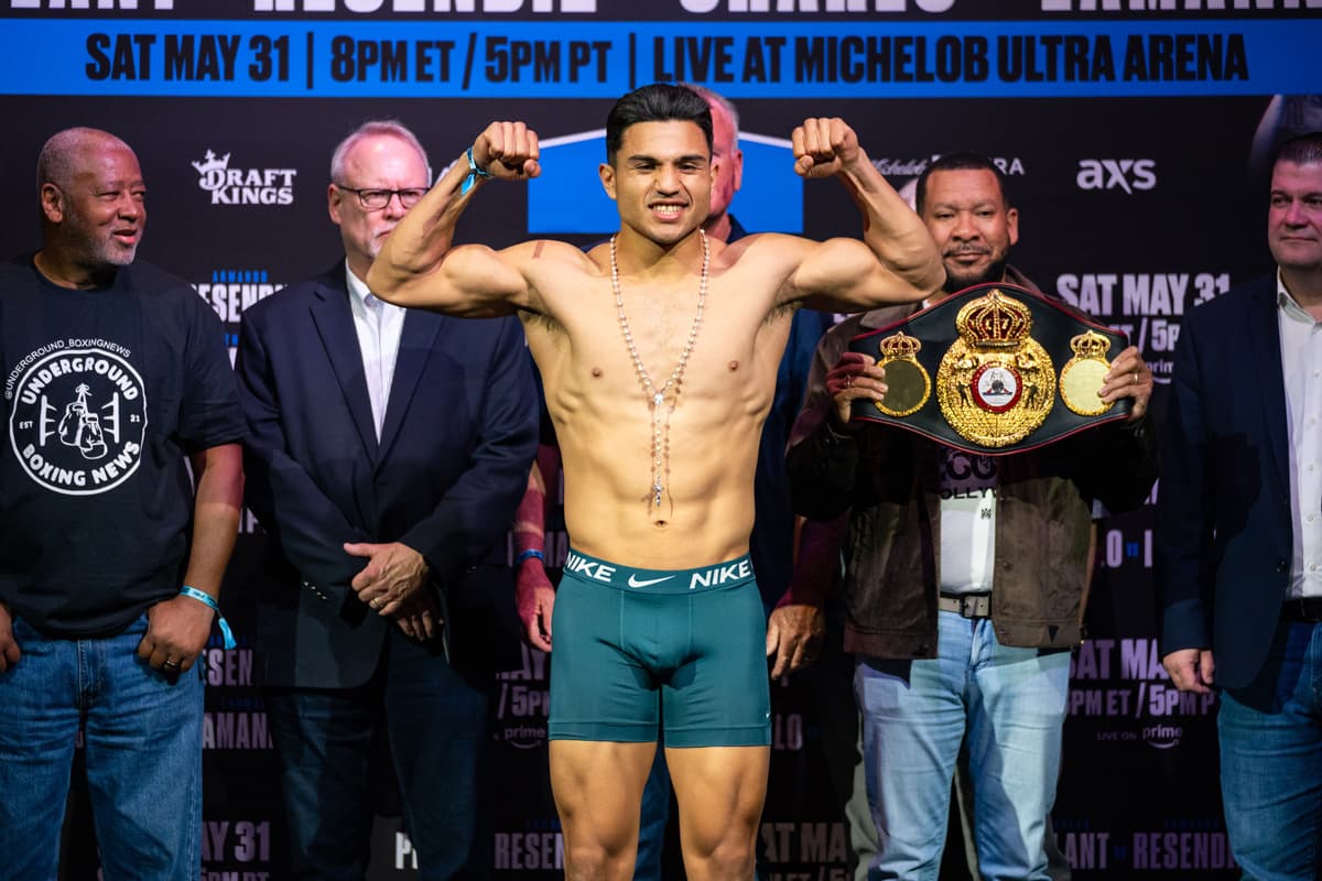 Armando Resendiz during the weigh-in ahead of his bout against Caleb Plant in Las Vegas