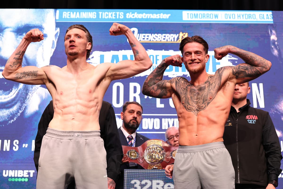 Aston Brown and Reece Porter at the weigh-in ahead of their boxing bout in Glasgow, Scotland