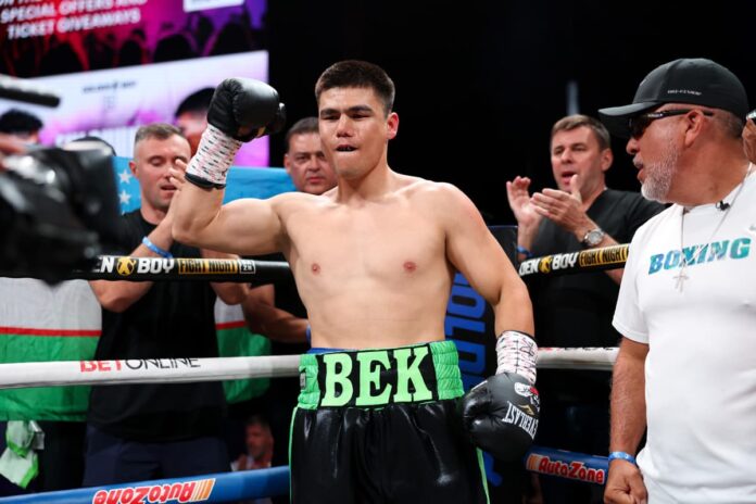 Bektemir Melikuziev during his boxing bout against Darius Fulghum in Las Vegas