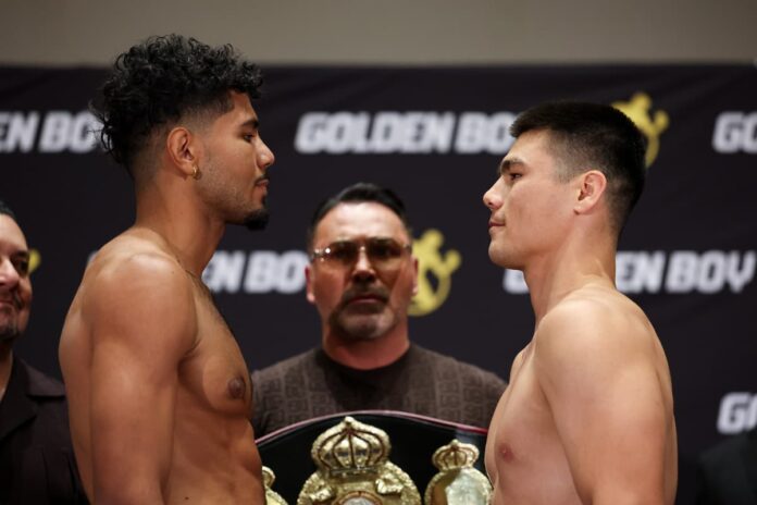 Bektemir Melikuziev and Darius Fulghum come face-to-face at the weigh-in, ahead of their boxing bout in Las Vegas