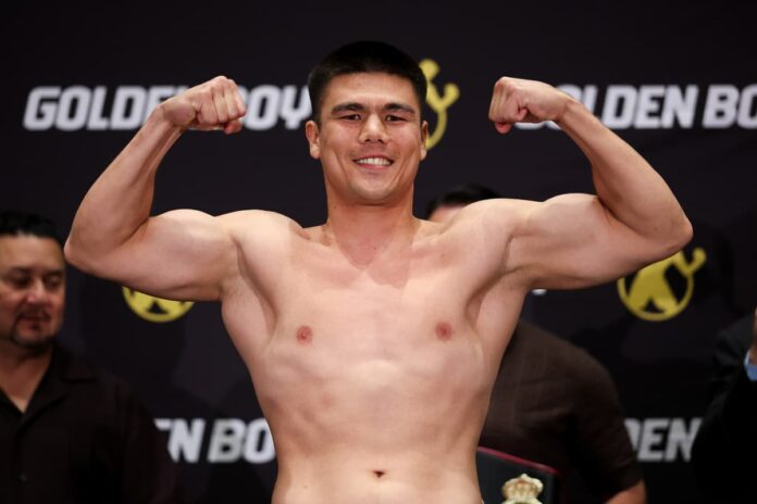 Bektemir Melikuziev during the weigh-in ahead of his boxing bout against Darius Fulghum in Las Vegas
