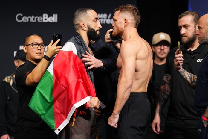 Belal Muhammad and Jack Della Maddalena face off at the UFC 315 ceremonial weigh-in, ahead of their MMA bout in Montreal