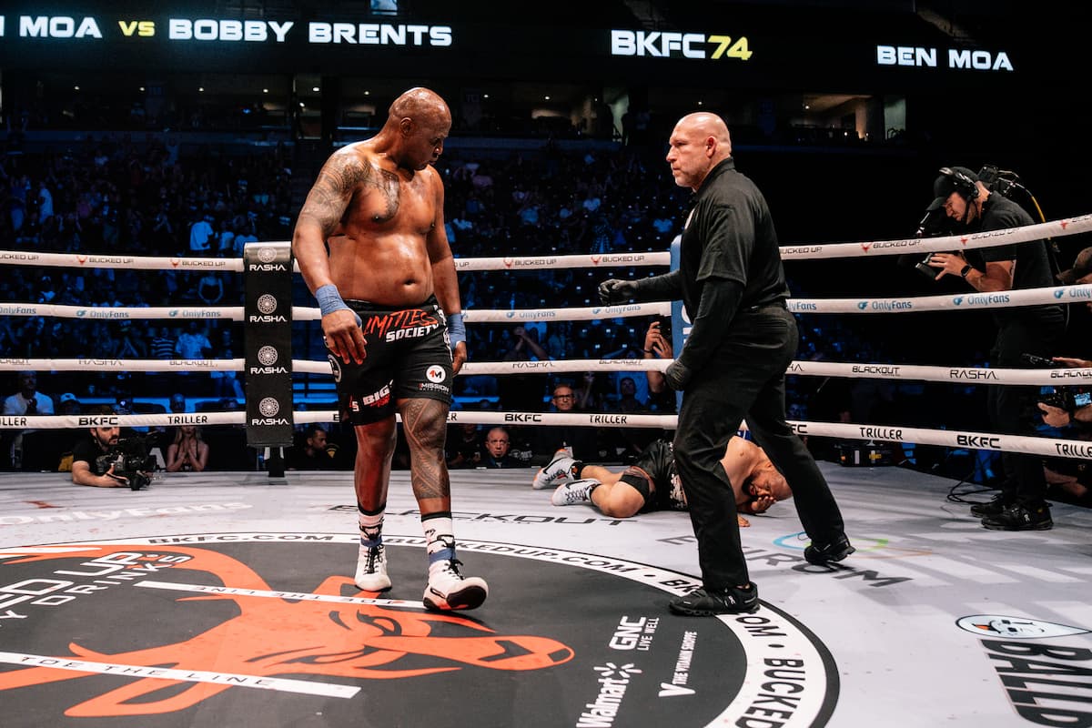 Ben Moa knocks down Bobby Brents during their bout at BKFC 74 Salt Lake City