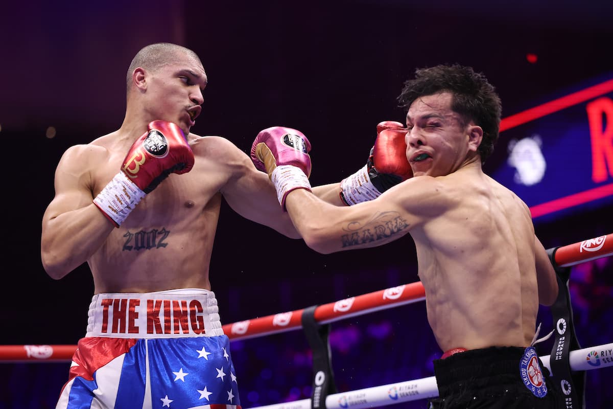 Brayan Leon lands a left hook during his boxing bout against Aaron Rocha Guerrero