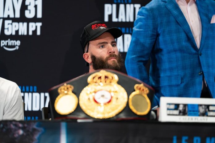 Caleb Plant during the press conference ahead of his bout against Armando Resendiz in Las Vegas
