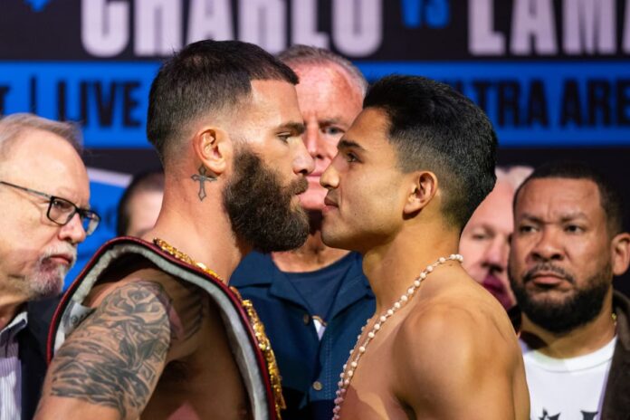 Caleb Plant and Jose Armando Resendiz come face-to-face at the weigh-in, ahead of their boxing bout in Las Vegas