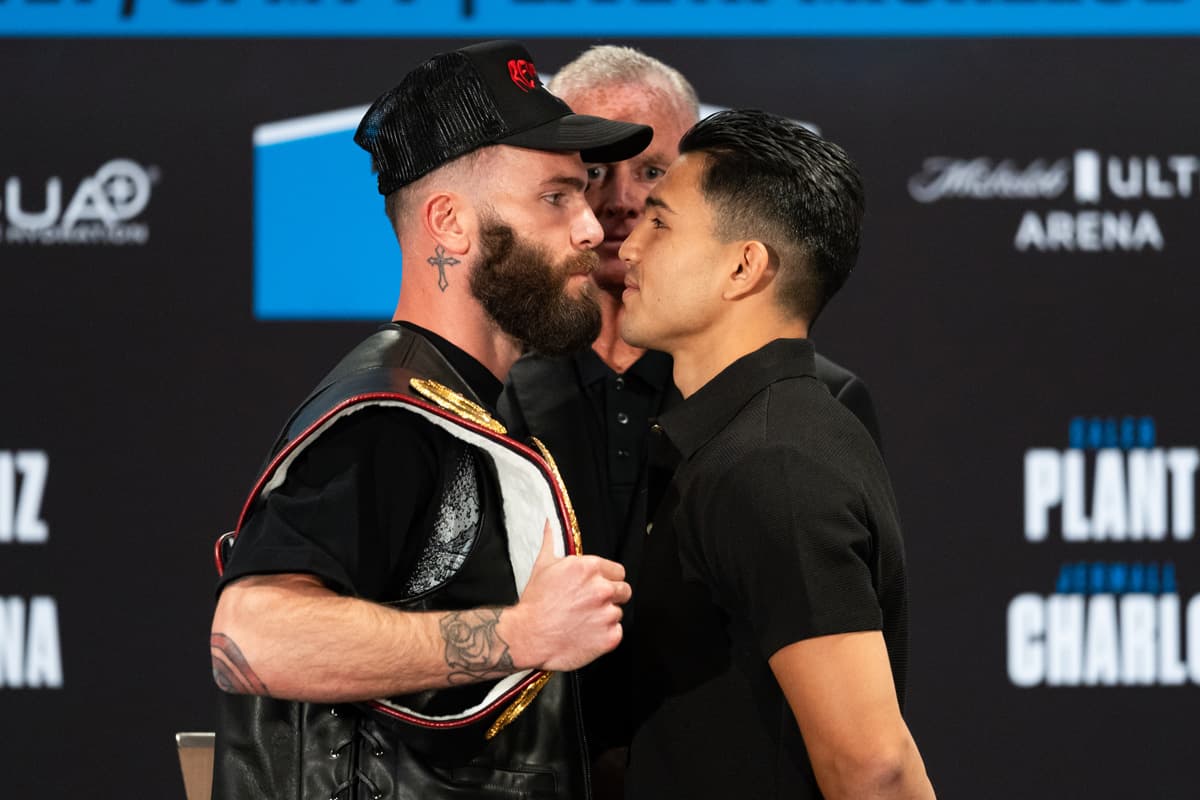Caleb Plant and Armando Resendiz face each other during the press conference ahead of their bout in Las Vegas
