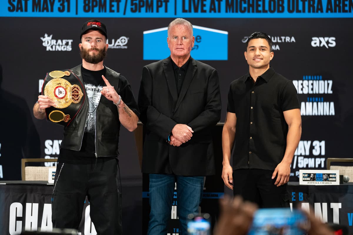 Caleb Plant and Armando Resendiz during the press conference ahead of their bout in Las Vegas