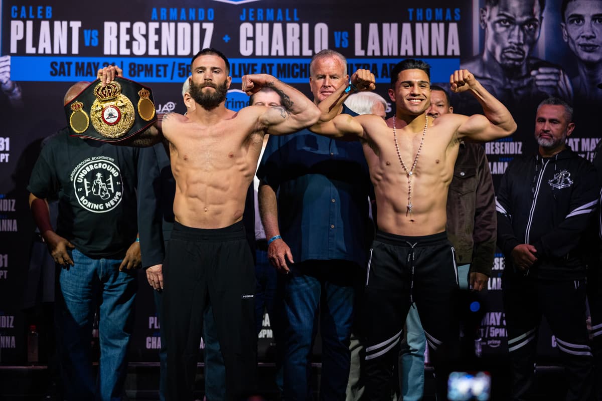 Caleb Plant and Armando Resendiz during the weigh-in ahead of their bout in Las Vegas