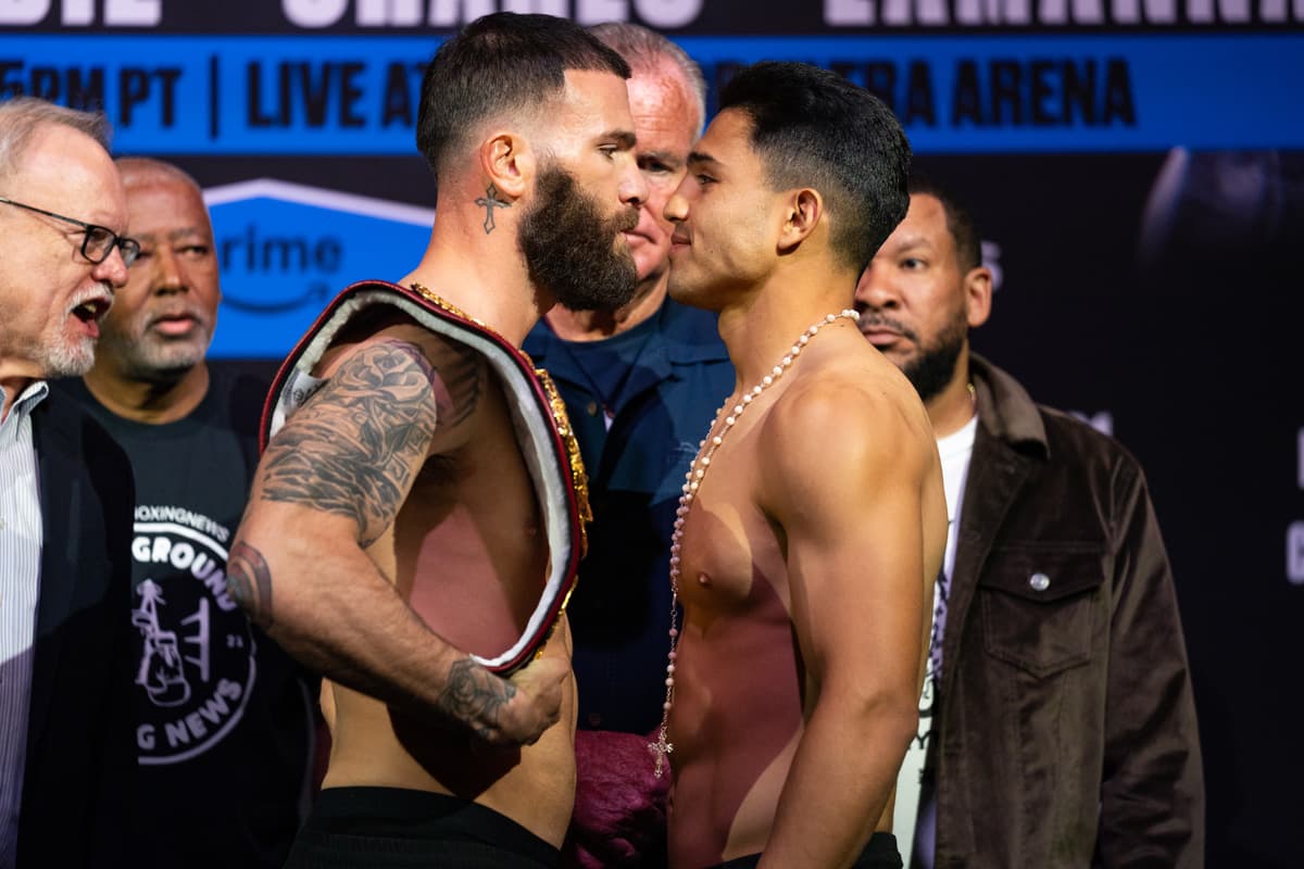 Caleb Plant and Armando Resendiz during the weigh-in ahead of their bout in Las Vegas