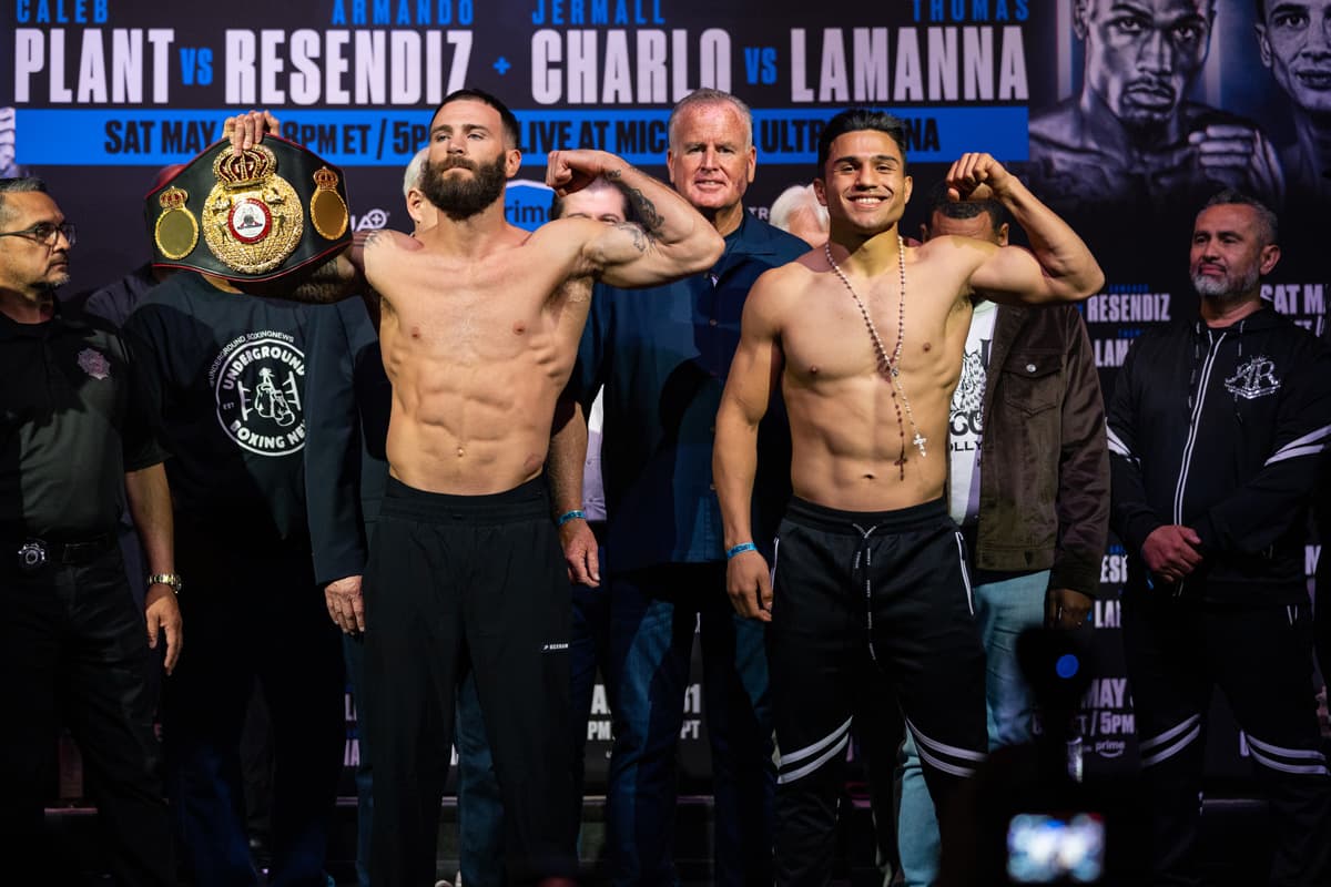 Caleb Plant and Armando Resendiz during the weigh-in ahead of their bout in Las Vegas