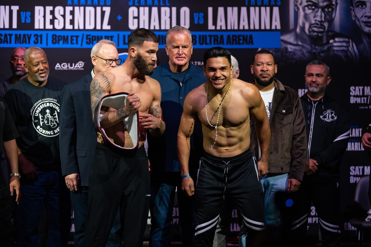 Caleb Plant and Armando Resendiz during the weigh-in ahead of their bout in Las Vegas