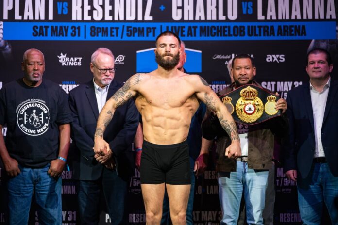 Caleb Plant during the weigh-in ahead of his bout against Armando Resendiz in Las Vegas