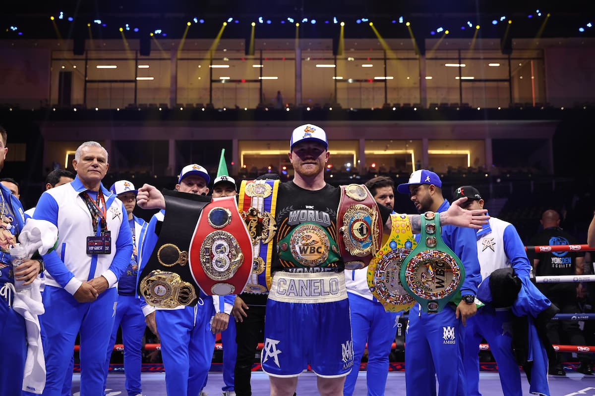 Canelo Alvarez with his championship belts following his victory over William Scull in their boxing bout