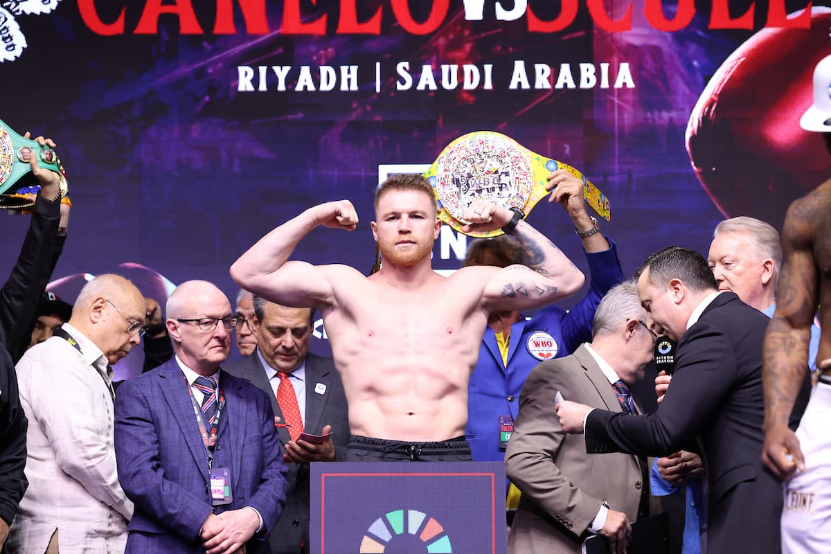 Canelo Alvarez at the weigh-in ahead of his bout against William Scull in Riyadh, Saudi Arabia