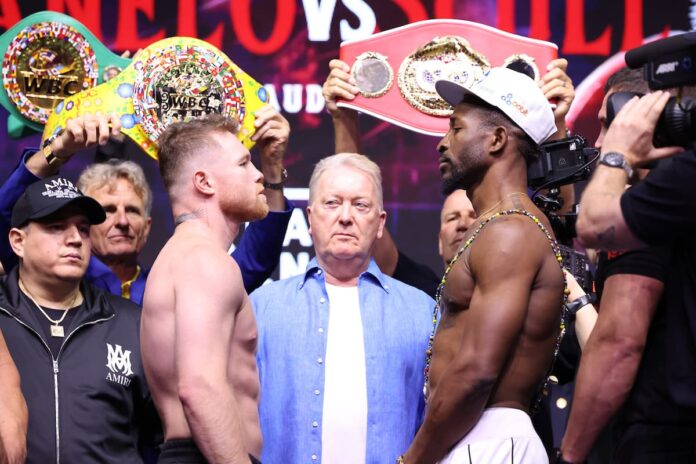 Canelo Alvarez and William Scull face each other at the weigh-in, ahead of their boxing bout in Riyadh, Saudi Arabia