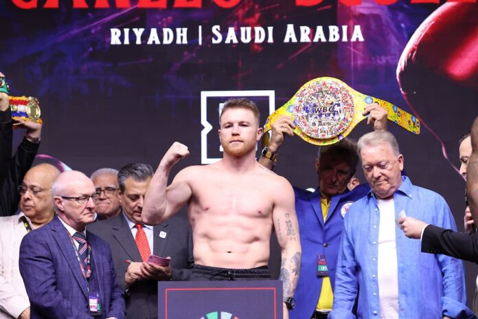 Canelo Alvarez at the weigh-in ahead of his bout against William Scull in Riyadh, Saudi Arabia