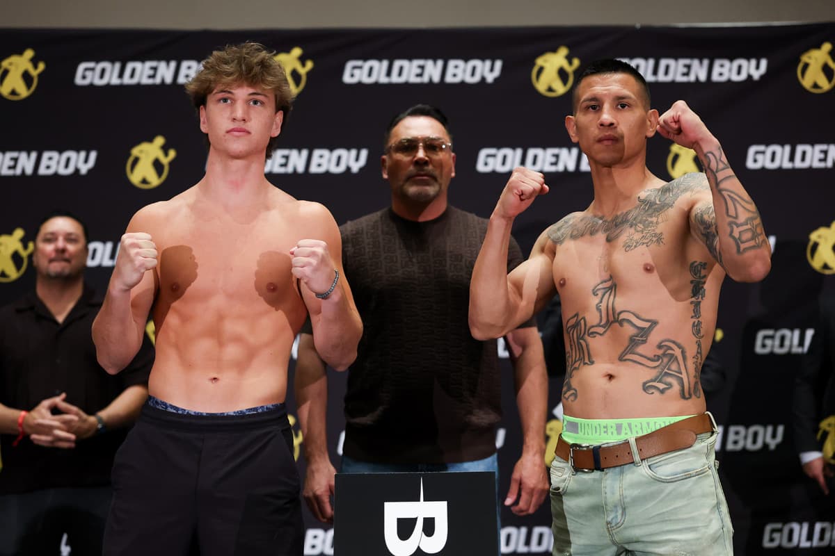 Cayden Griffiths and Edgar Gutierrez during the weigh-in ahead of their boxing bout in Las Vegas