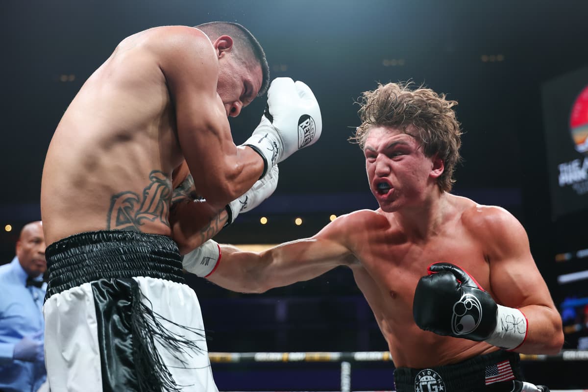 Cayden Griffiths punches Edgar Gutierrez during their boxing bout in Las Vegas