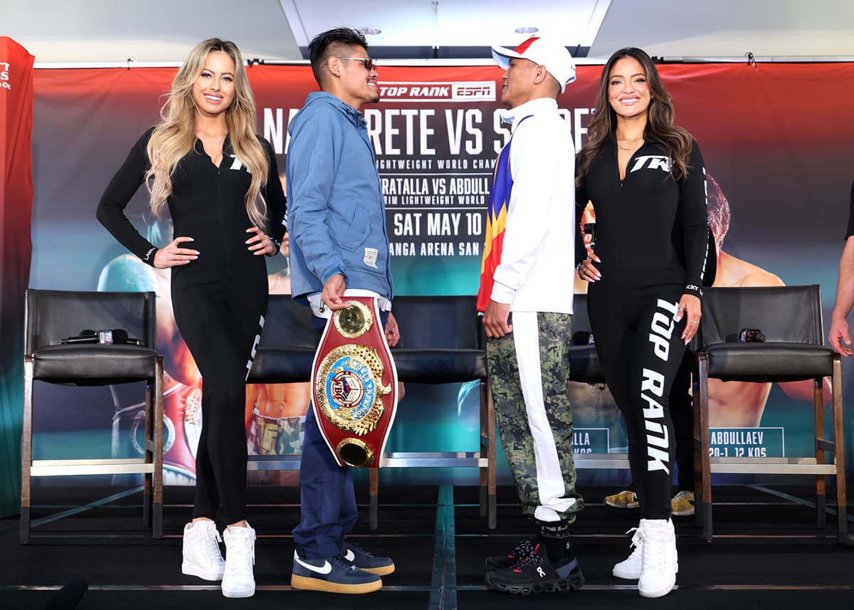 Top Rank ring girls Chanelle Riggan and Pamela aka PamBamGoinHam, and Emanuel Navarrete and Charly Suarez at the press conference in San Diego