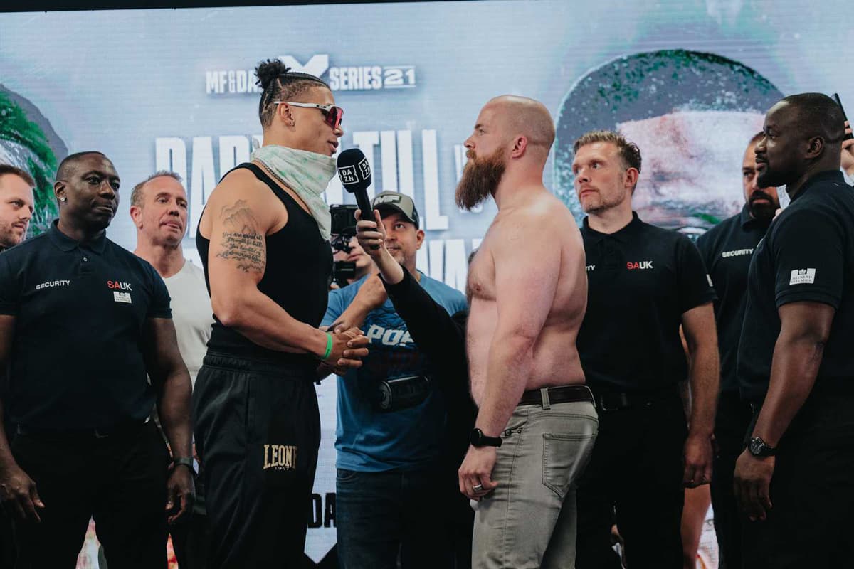 Chase DeMoor and Tank Tolman during the Misfits Boxing 21 weigh-in in Derby, England