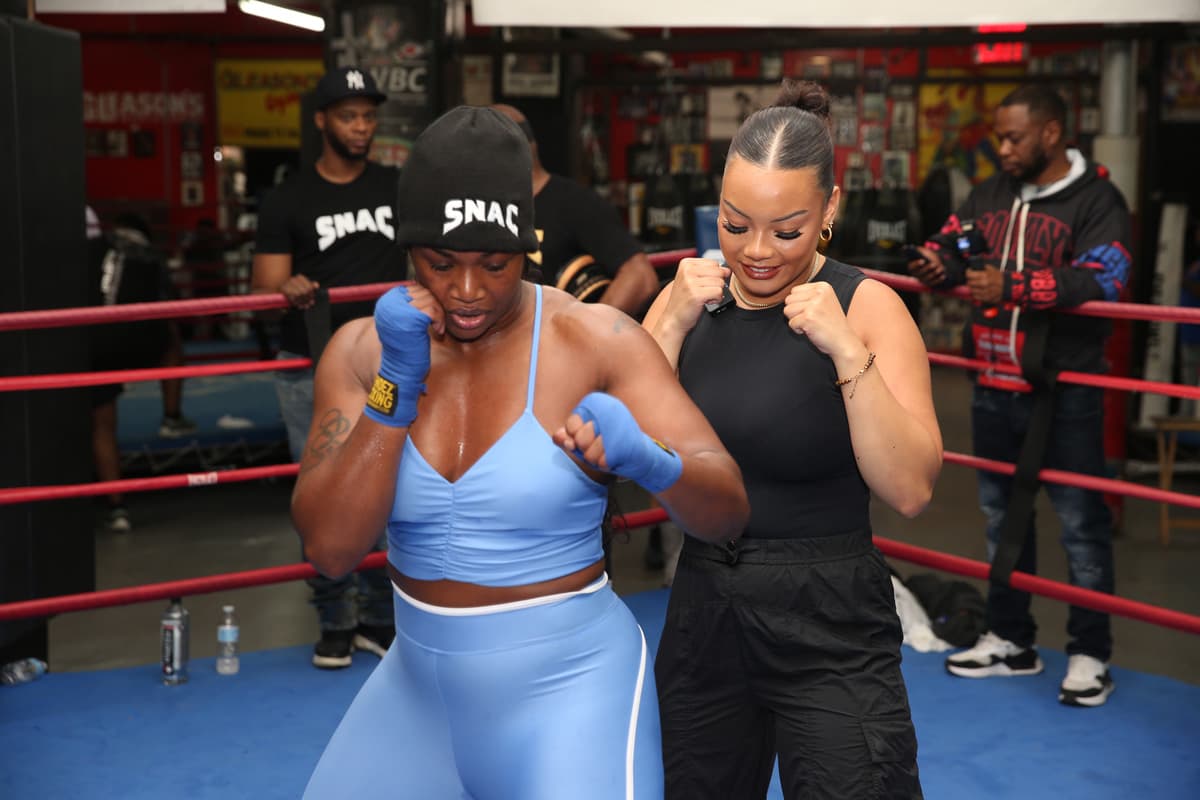 Claressa Shields demonstrates boxing techniques during a media workout at Gleason's Gym in Brooklyn, New York