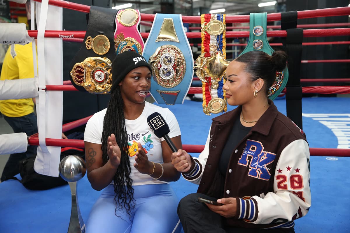 Claressa Shields being interviewed during a media workout at Gleason's Gym in Brooklyn, New York