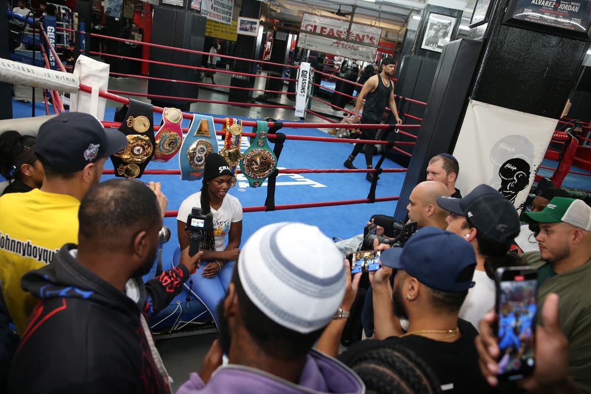 Claressa Shields speaks to the media during a media workout at Gleason's Gym in Brooklyn, New Yor