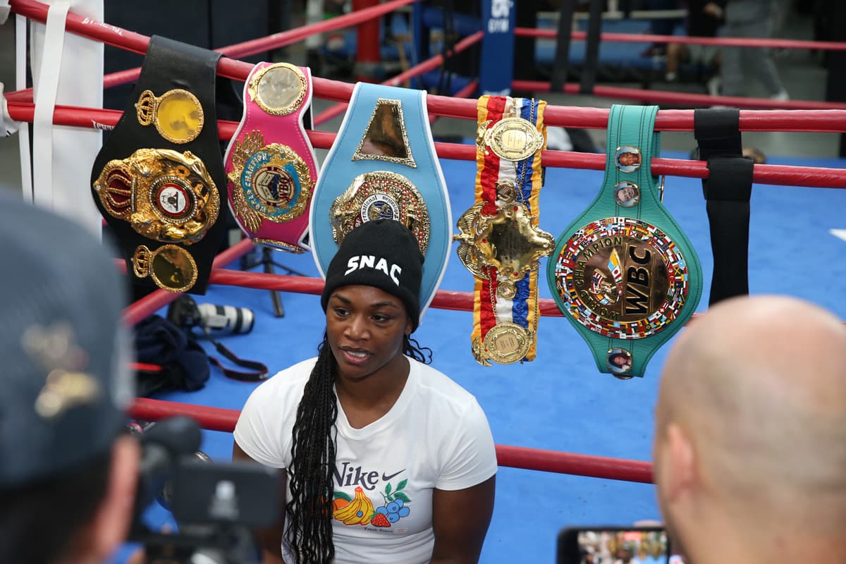 Claressa Shields speaks to the media during a media workout at Gleason's Gym in Brooklyn, New Yor