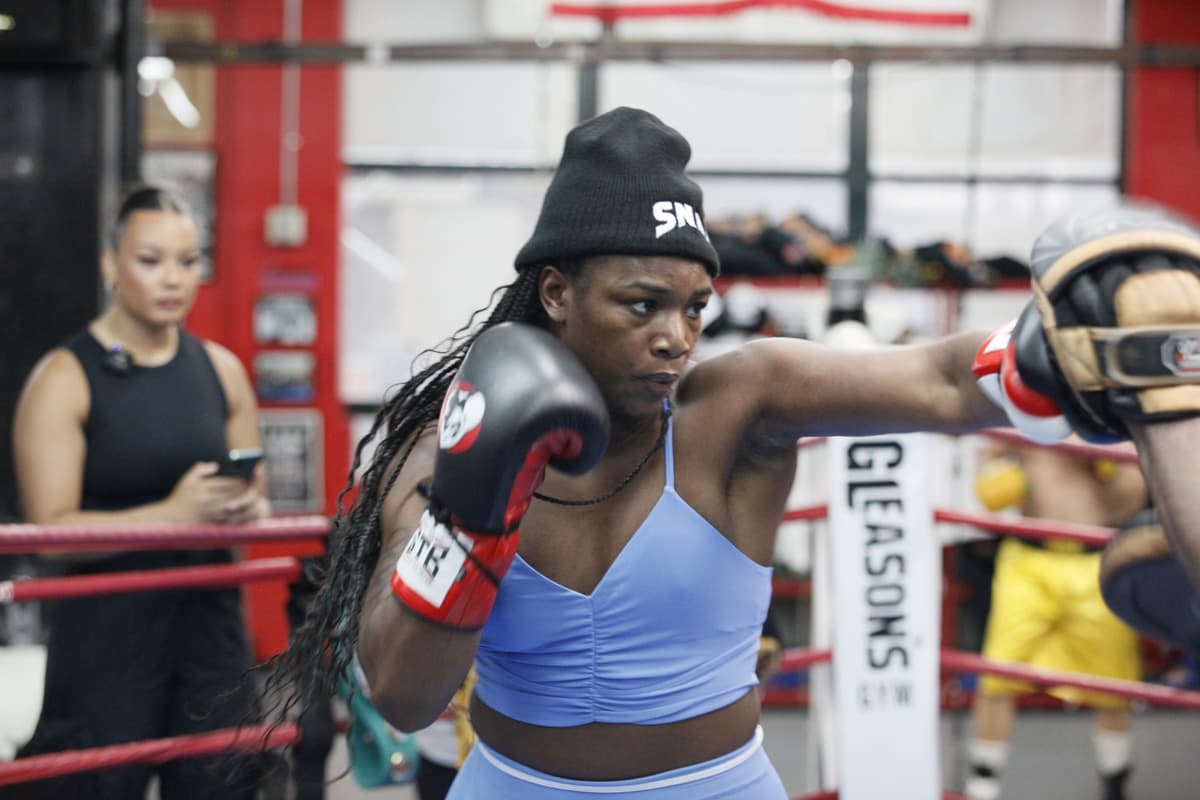 Claressa Shields punches mitts during a media workout at Gleason's Gym in Brooklyn