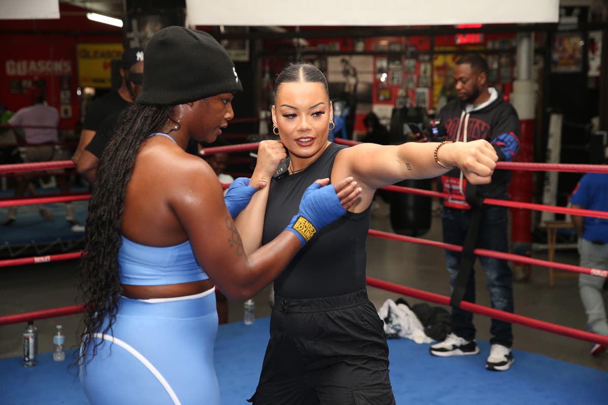 Claressa Shields demonstrates how to jab during a media workout at Gleason's Gym in Brooklyn, New York