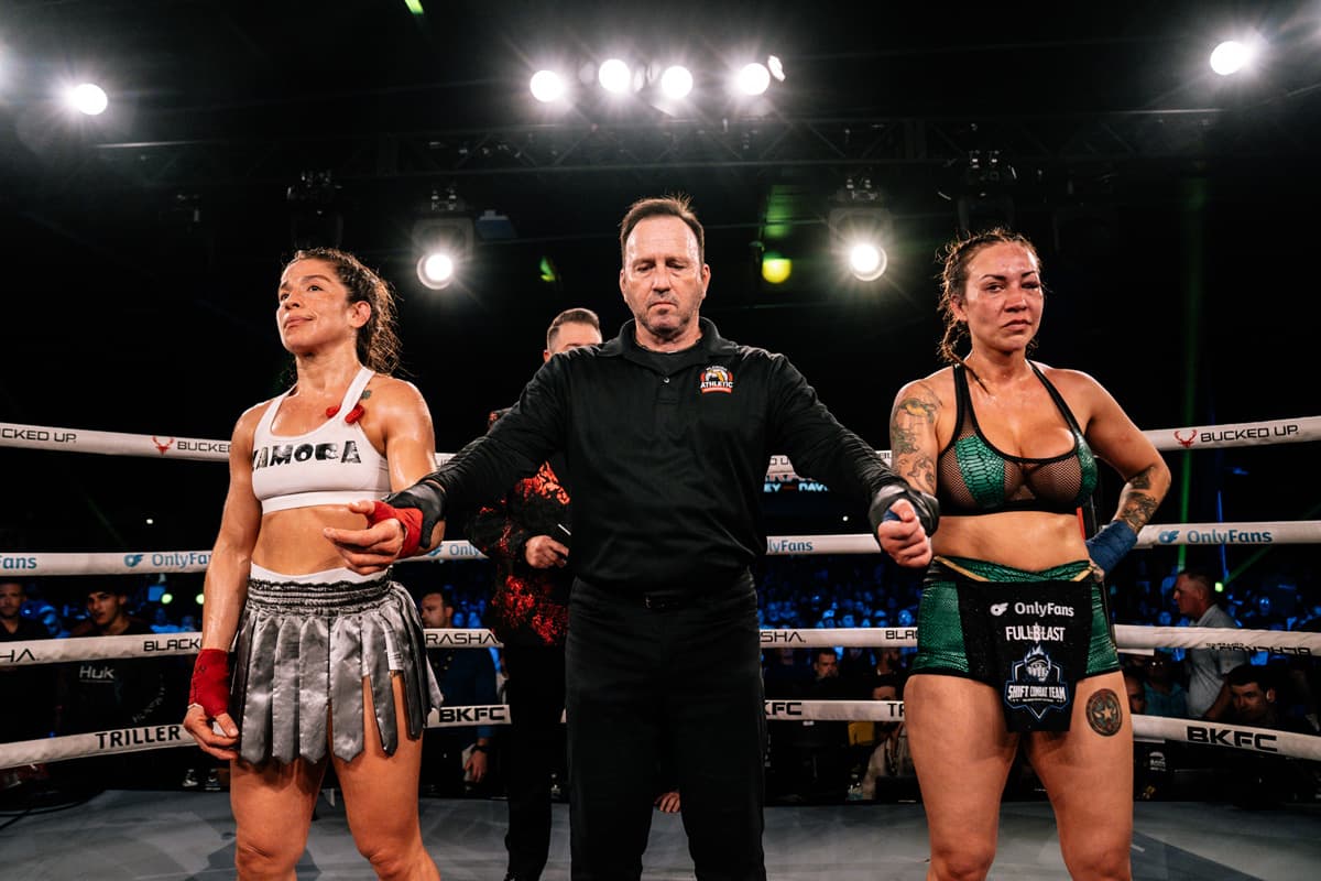Claudia Zamora and Crystal Pittman after their bout at BKFC Clearwater