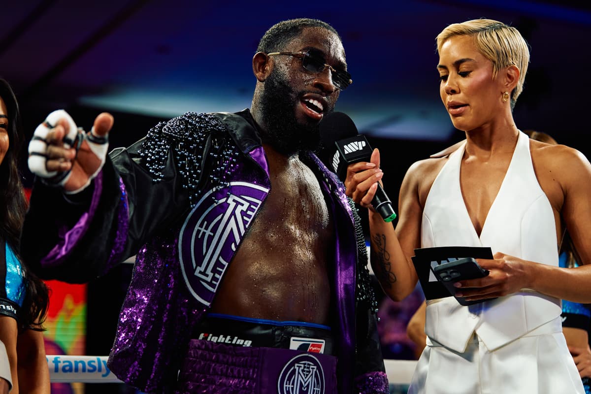 Corey Marksman is interviewed by Sibley Scoles after his bout against Tayden Beltran during Most Valuable Prospects 12 in Orlando, Florida