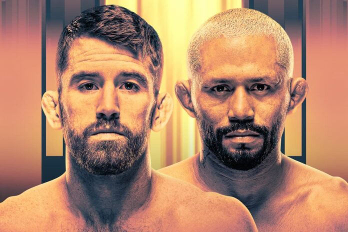 Image featuring the faces of Cory Sandhagen and Deiveson Figueiredo, promoting their MMA bout at UFC Des Moines