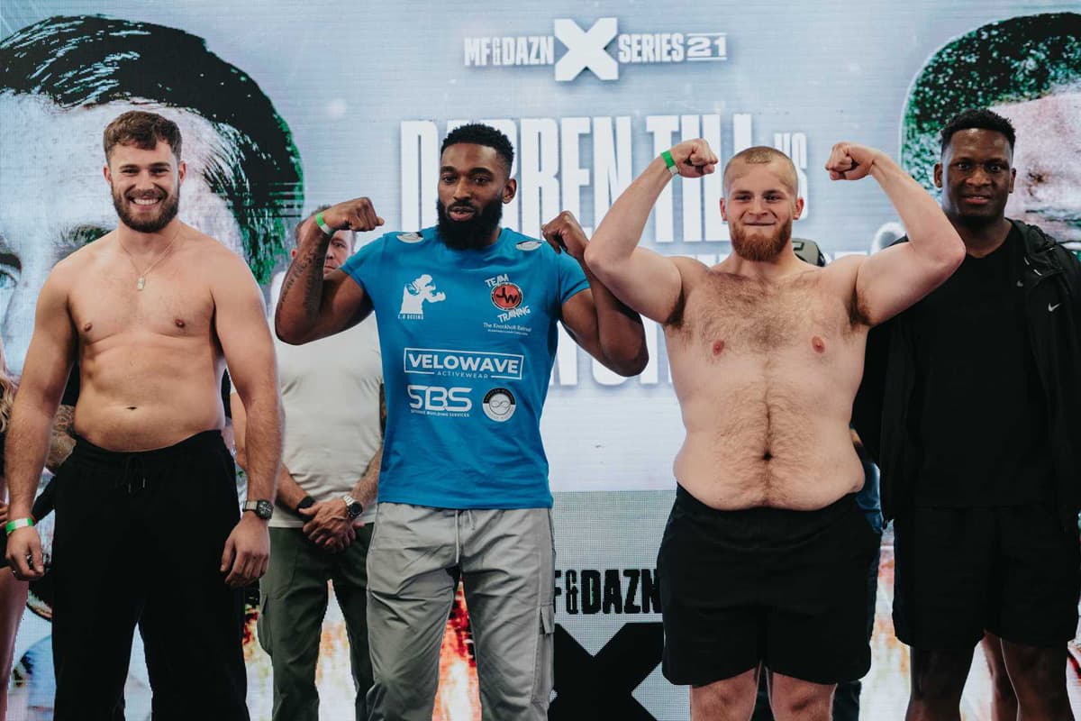 Curtis Pritchard, Big Tobz, Tempo Arts, and Godson Umeh during the Misfits Boxing 21 weigh-in in Derby, England