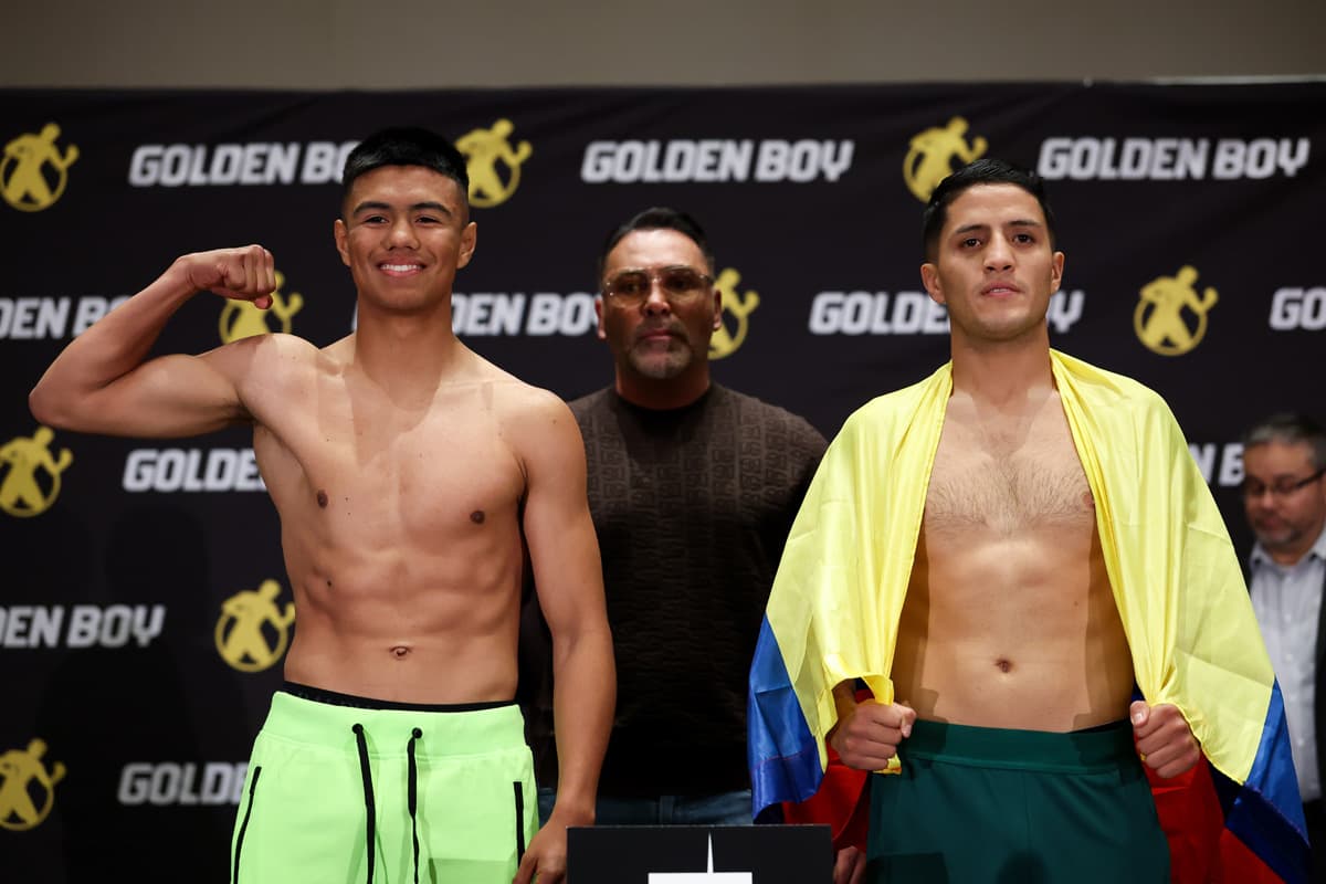 Daniel Garcia and George Camilo Rodriguez Pardo during the weigh-in ahead of their boxing bout in Las Vegas