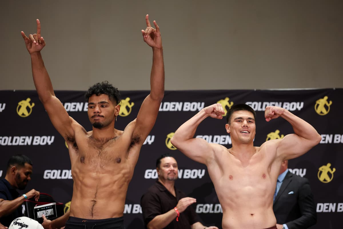 Darius Fulghum and Bektemir Melikuziev during the weigh-in ahead of their boxing bout in Las Vegas