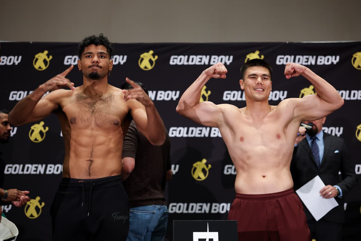 Darius Fulghum and Bektemir Melikuziev during the weigh-in ahead of their boxing bout in Las Vegas